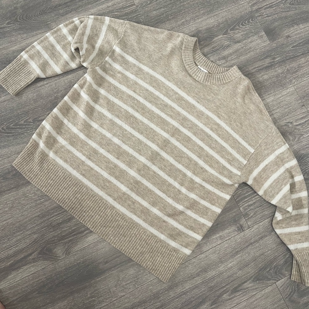 Ava & Viv Tan and Cream Striped Crew Neck Sweater